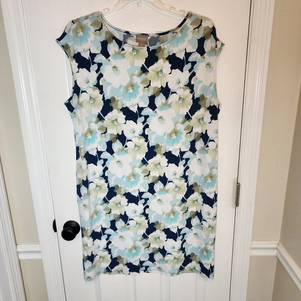 Chico's Size 3(16 US) Short Sleeve Watercolor Floral Pattern Knit Pullover Dress - Picture 2 of 10